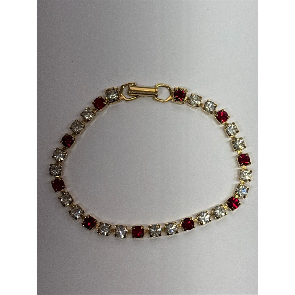 Vintage Ruby Red Clear Rhinestone Tennis Bracelet Gold Tone 7.5" Foldover Clasp - Picture 4 of 4